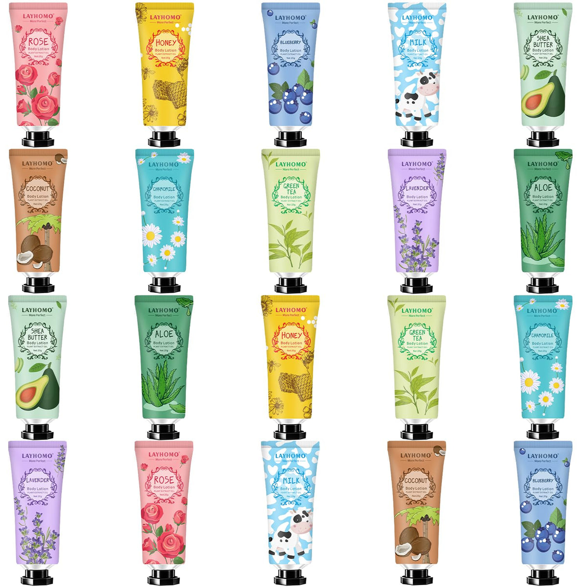 Layhomo 20-pack mini body lotion fragrances for versatile mood-based scents