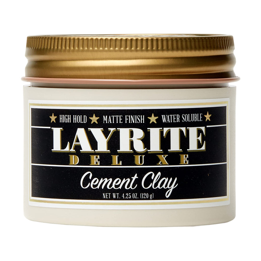 Layrite Cement Hair Clay jar close-up for all-day hold and easy washout.