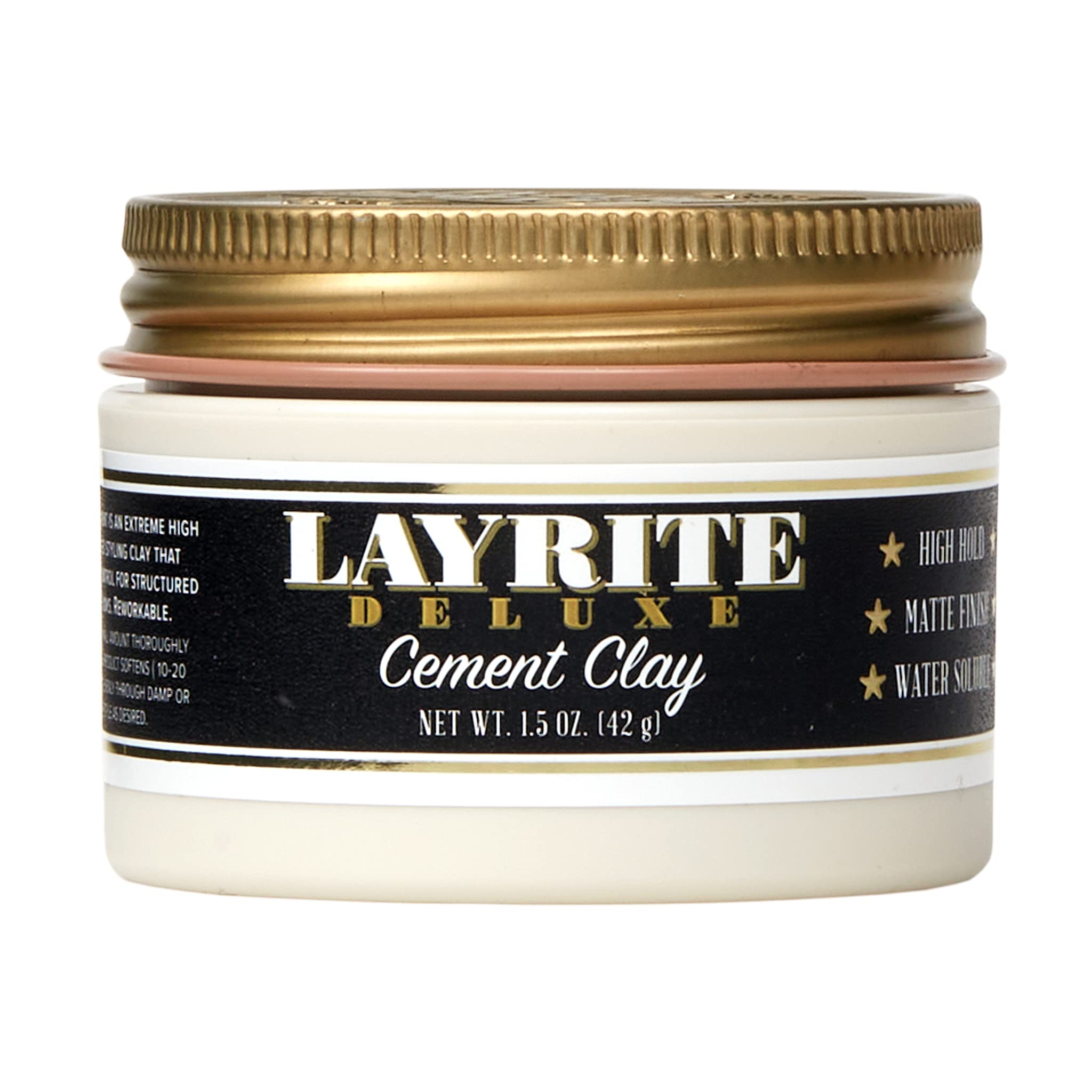 Layrite Deluxe Cement Clay jar close-up shows premium hold and easy washout for all-day style.