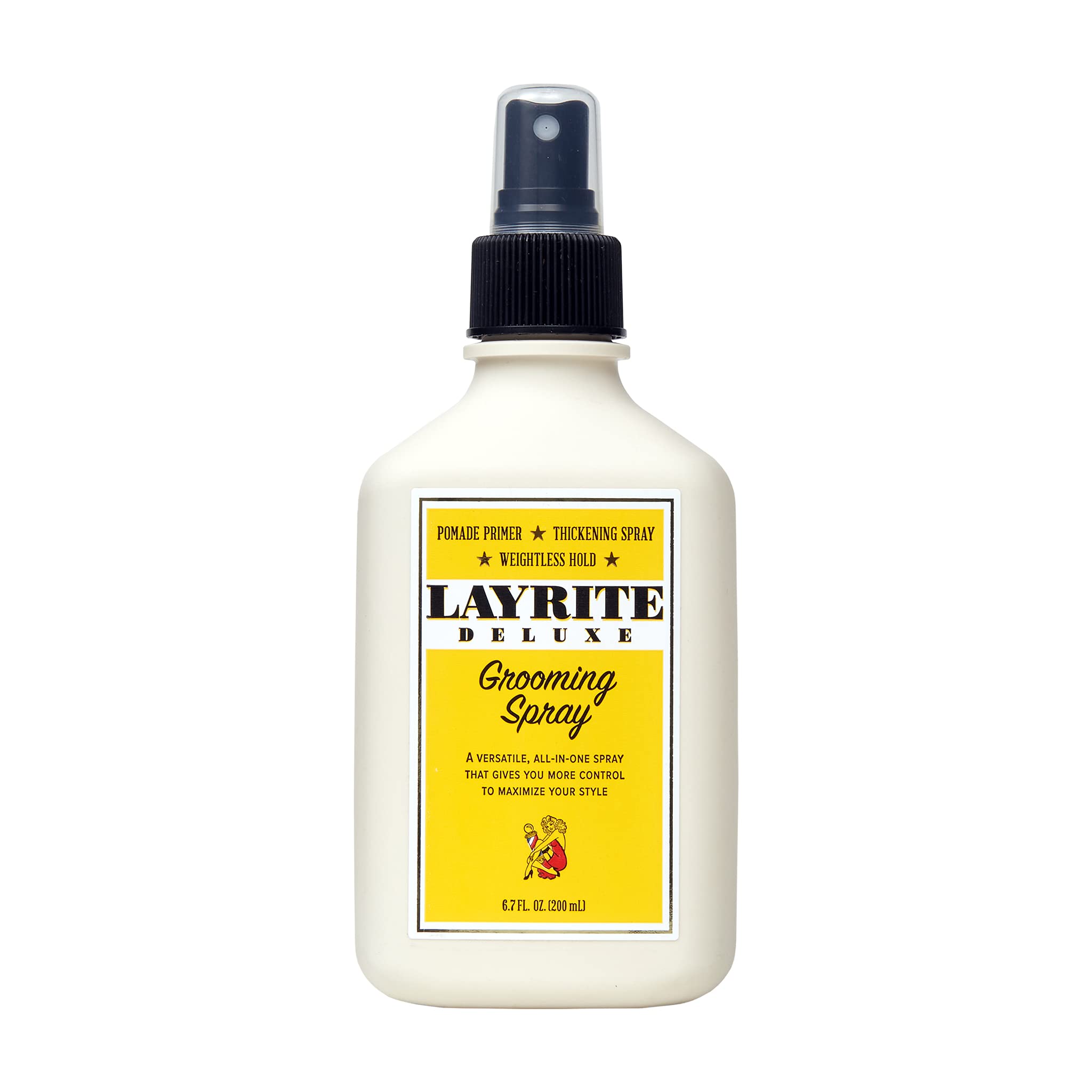 Layrite Grooming Spray bottle close-up showing buildable hold for versatile styling.