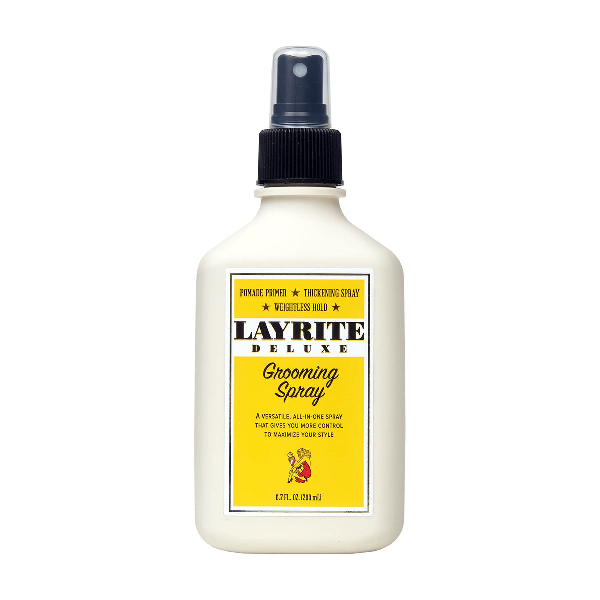 Layrite Grooming Spray bottle close-up showing buildable hold for versatile styling.