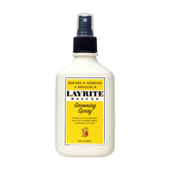 Layrite Grooming Spray bottle close-up showing buildable hold for versatile styling.