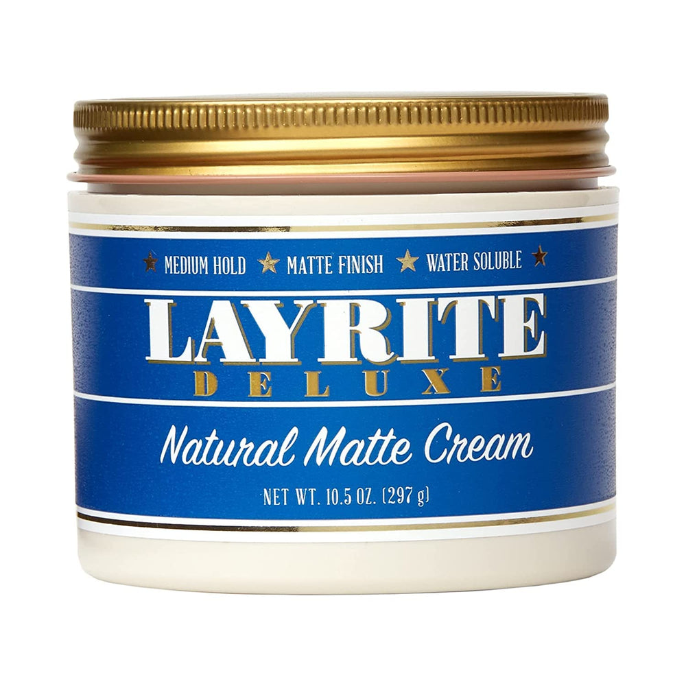 Layrite Natural Matte Cream bottle close-up showing lightweight hold for everyday styling.