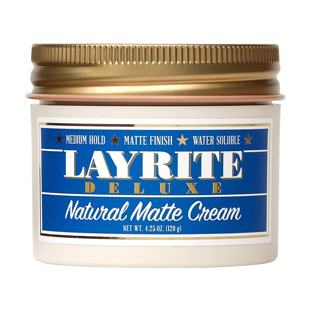 Layrite Natural Matte Cream bottle being poured for flexible hold and matte finish