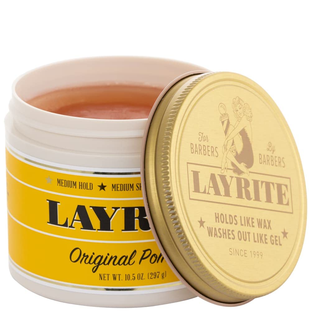 Layrite Original Pomade hands styling demonstrates smooth distribution for quick grooming