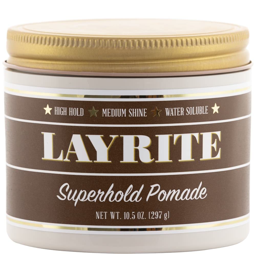 Layrite Super Hold Pomade bottle front shows high-hold styling