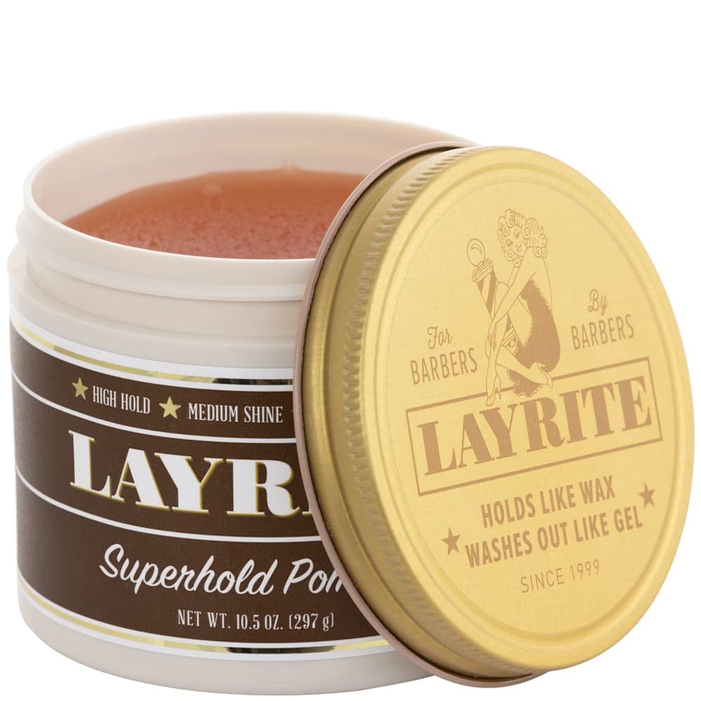 Layrite Super Hold Pomade jar closeup highlights smooth distribution