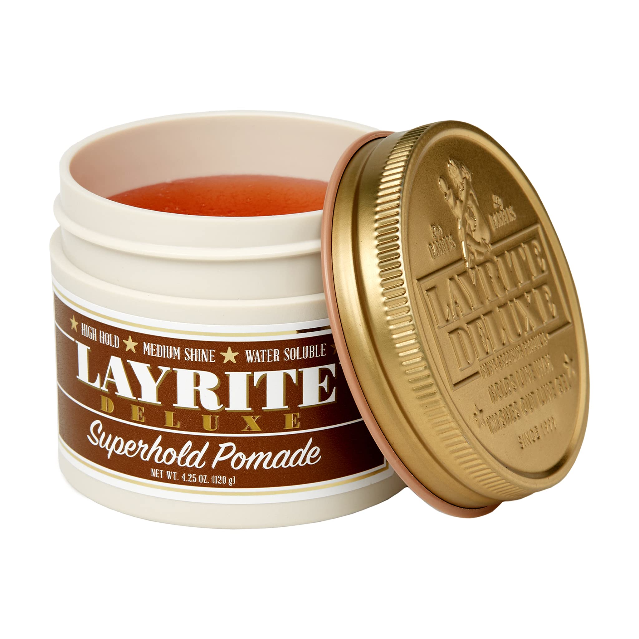 Layrite Superhold Pomade Orange hair-styling shot shows long-lasting hold for demanding styles