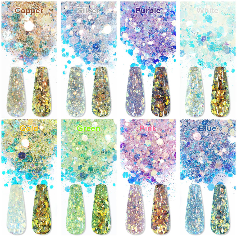 Laza mermaid makeup glitter powder adds glow to lids and skin.