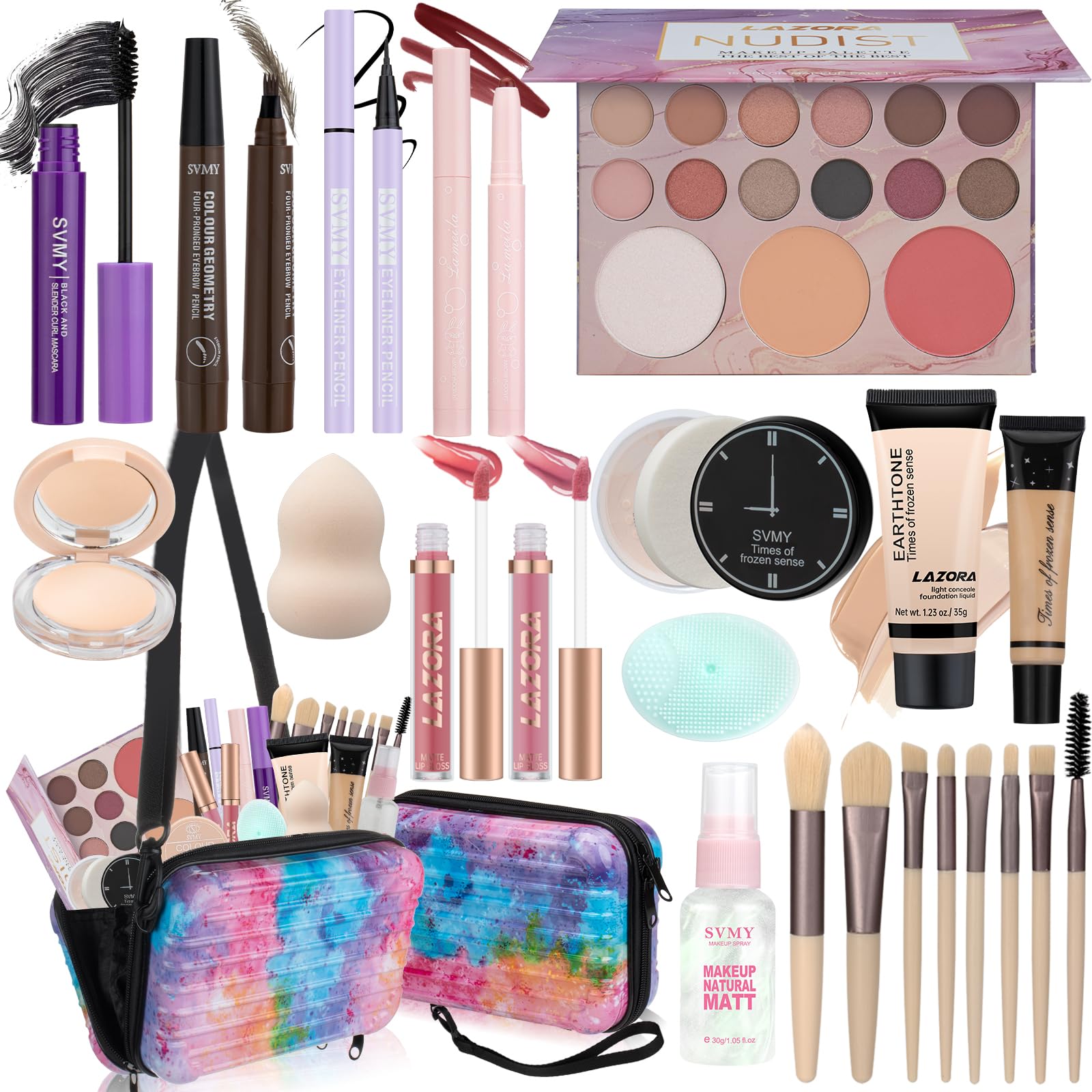 LAZORA makeup kit in a compact handbag for travel-ready, on-the-go touch-ups.