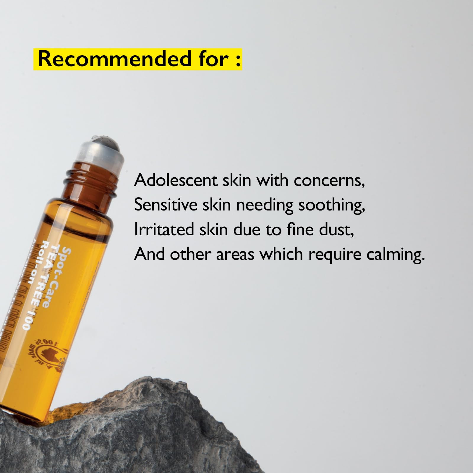 Lazy Society Tea Tree oil roll-on packaging highlights portable design.