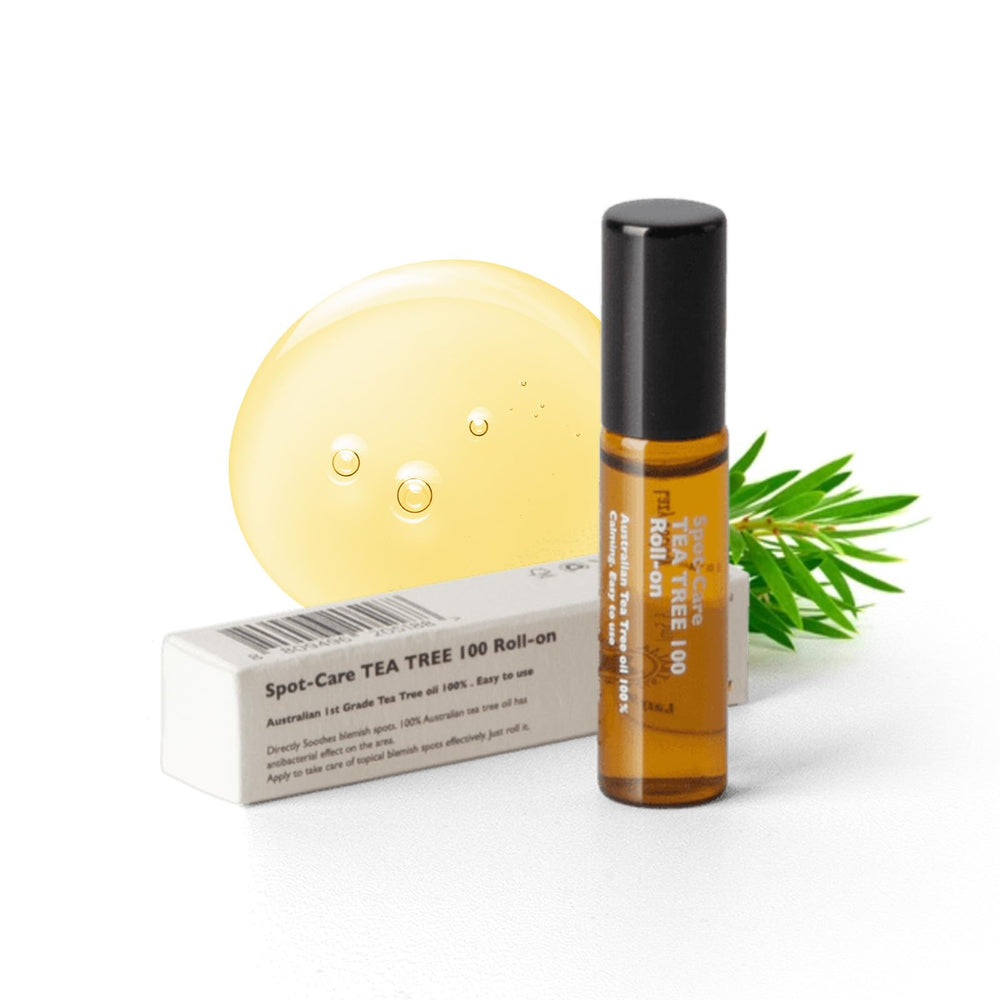 Lazy Society Tea Tree Roll-On label closeup shows pure oil for targeted spot care.
