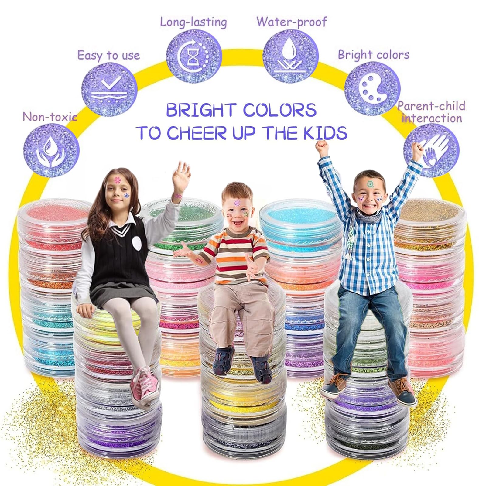 LCDGTJ glitter colors setup showcasing 6 fluorescent hues for glow effects