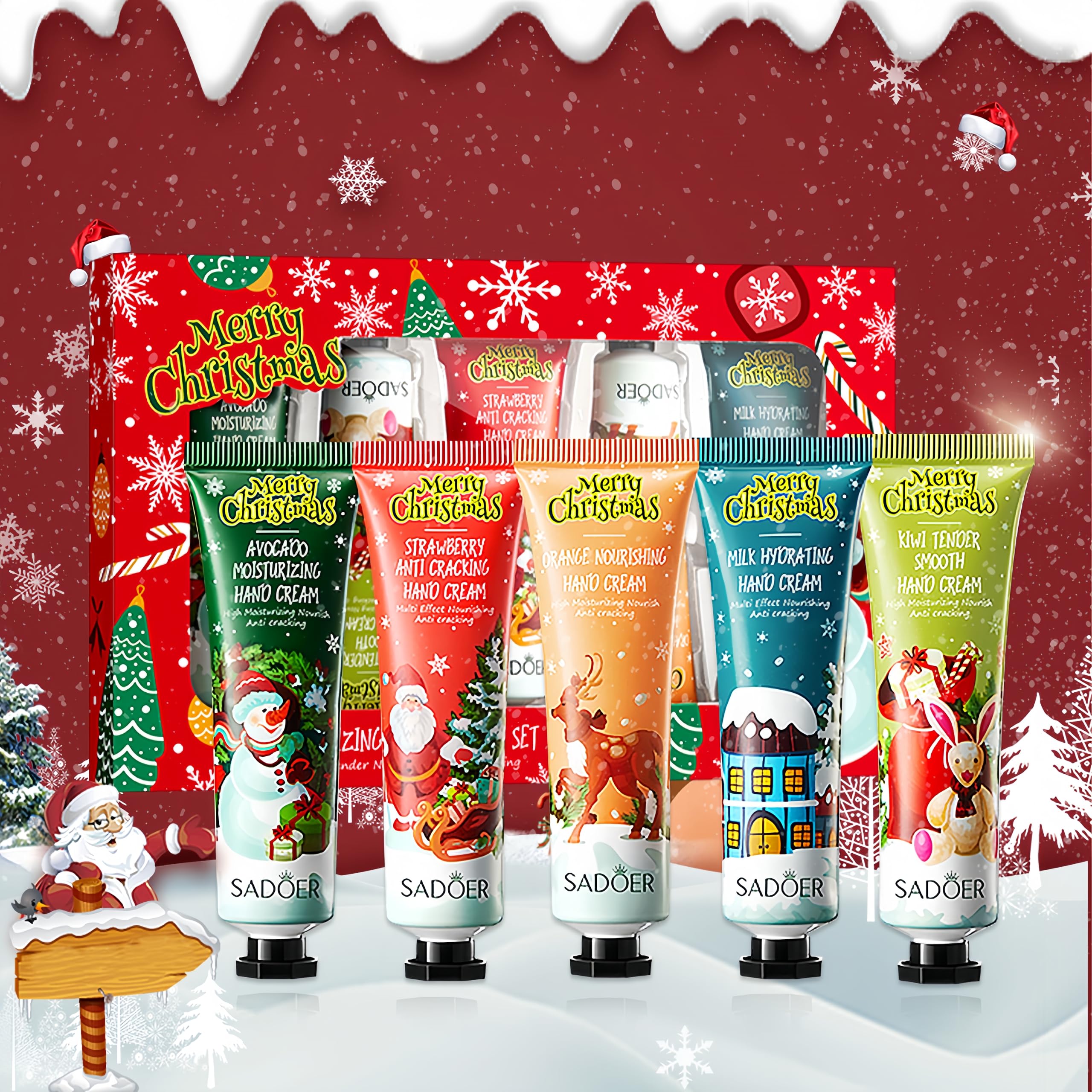 LCDGTJ hand cream Christmas set packaging showcases a festive gift-ready collection for dry skin relief.