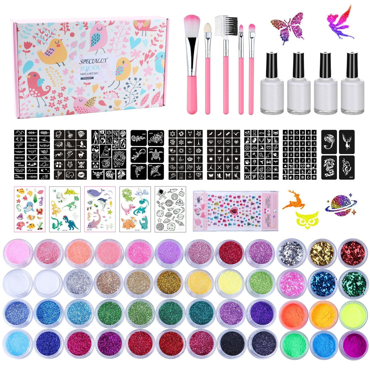 LCDGTJ temporary tattoo kit contents with 42 glitters and 209 stencils for party art