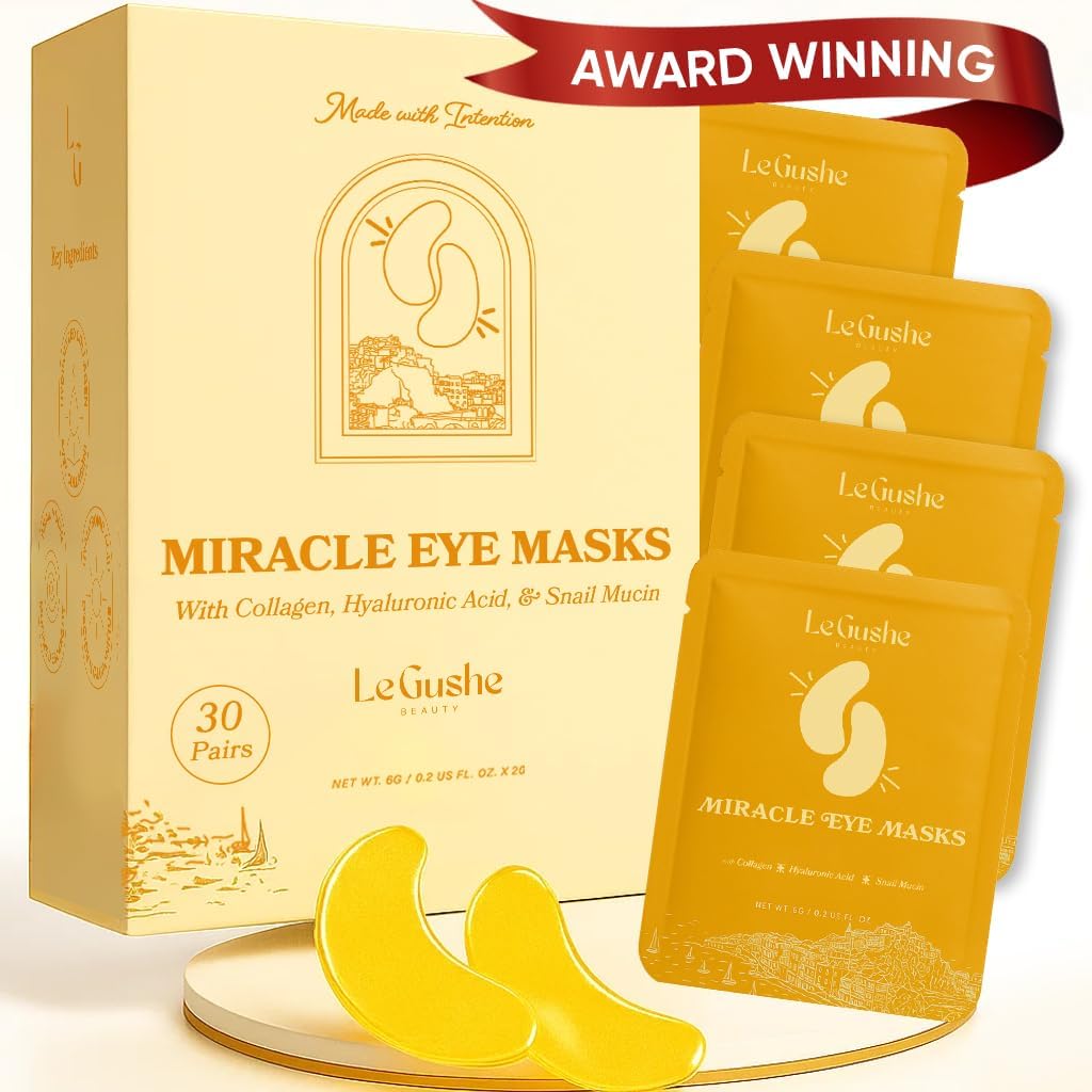 LE GUSHE Gold Under Eye Patches close-up showing cooling depuffing action under the eyes