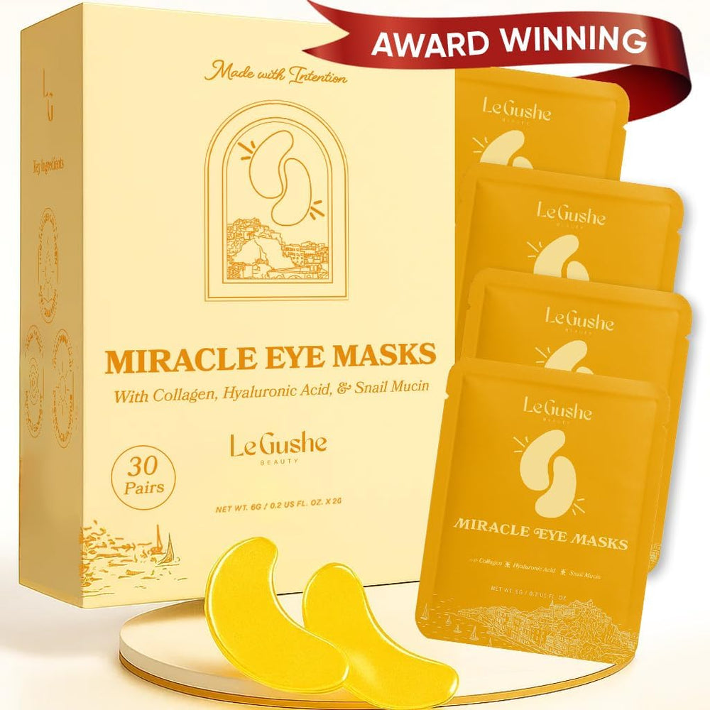 LE GUSHE Gold Under Eye Patches close-up showing cooling depuffing action under the eyes