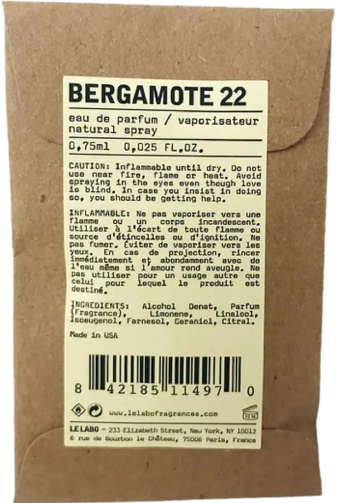 Le Labo Bergamote 22 bottle close-up highlighting amber glass and citrus notes.