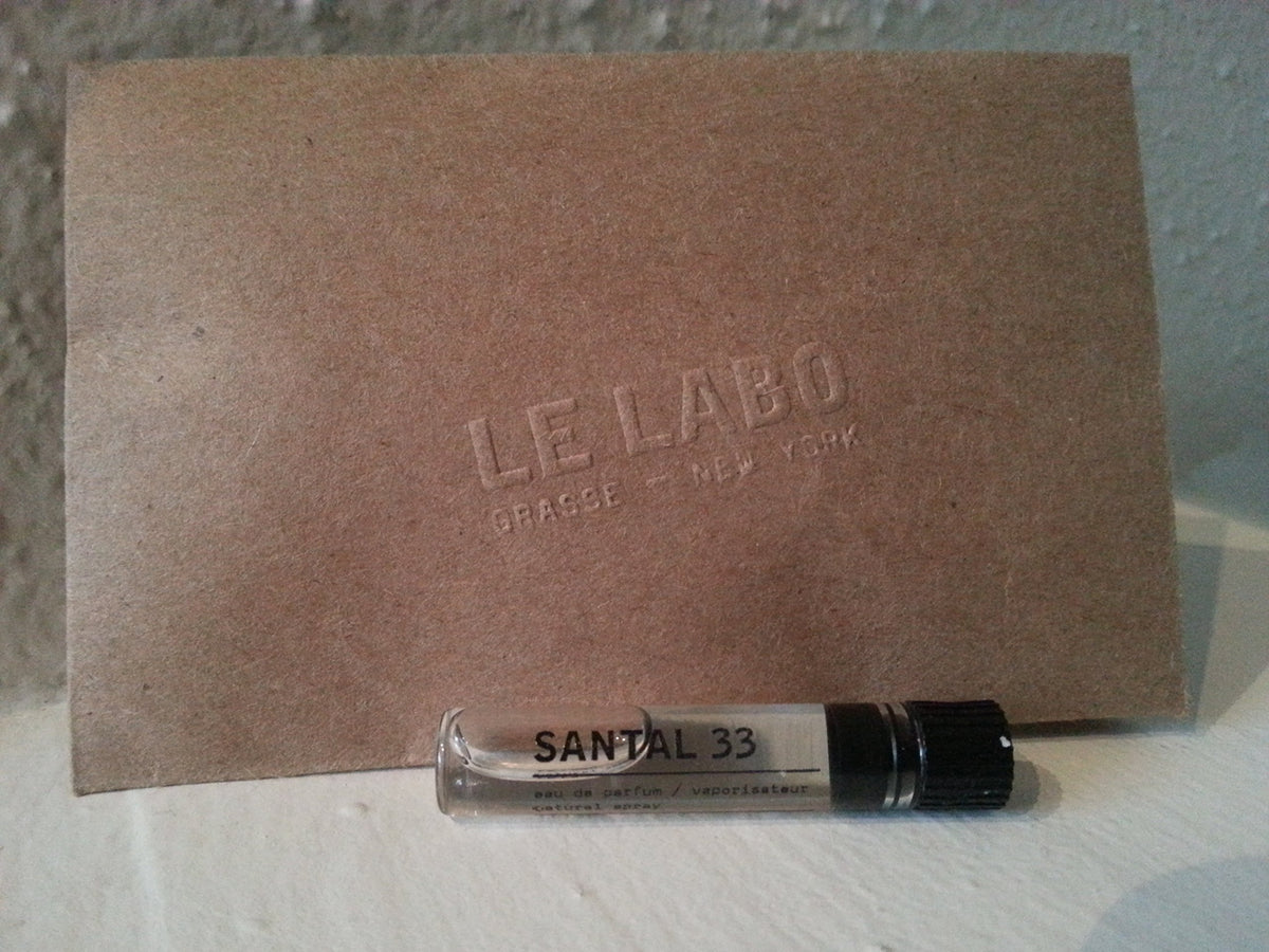 Le Labo Santal 33 sample bottle close-up for testing the iconic woody-amber scent