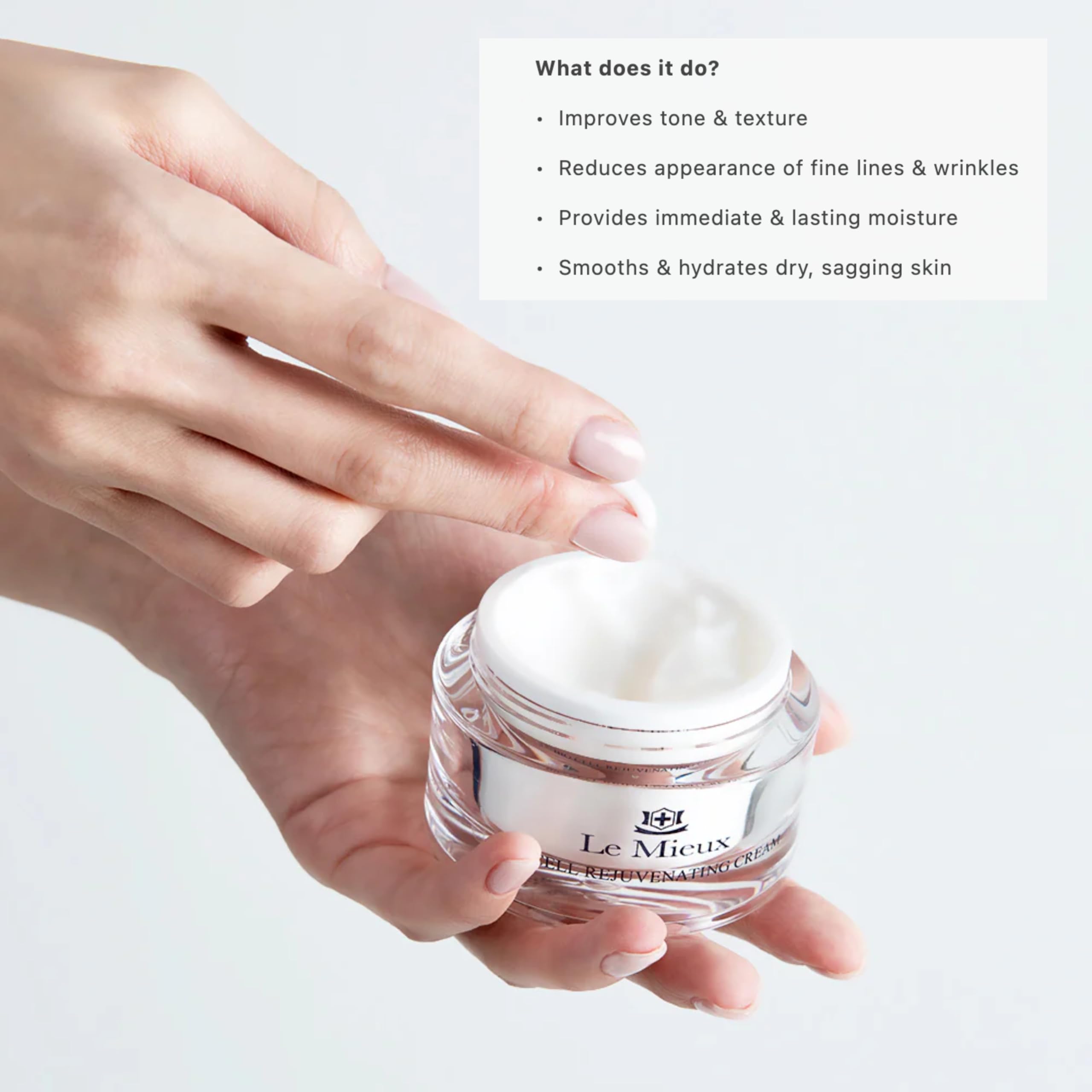 Le Mieux Bio Cell Rejuvenating Cream three-peptide blend supports smoother skin texture
