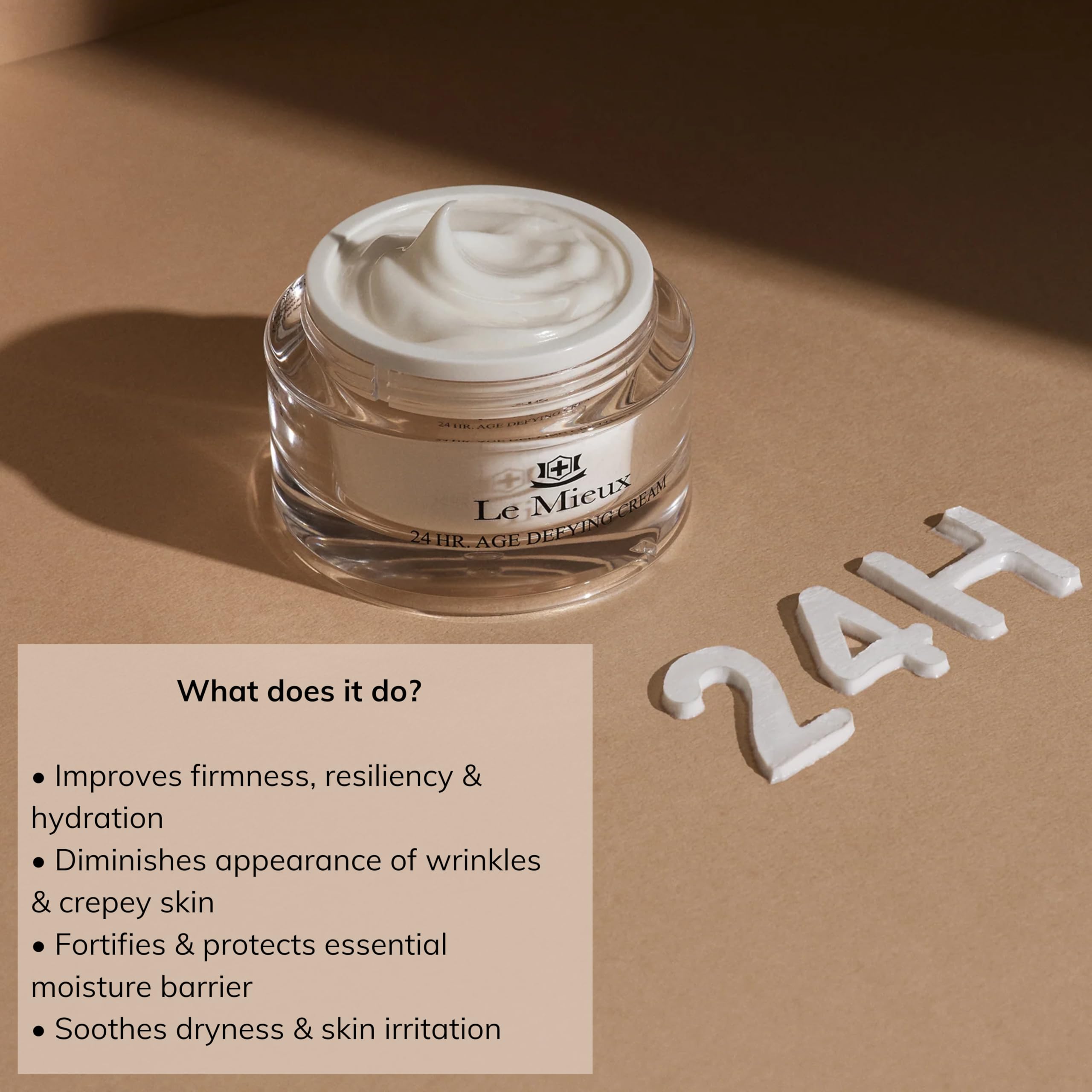 Le Mieux 24h crema, enfoque en ingredientes clave como ácido hialurónico y ceramidas.
