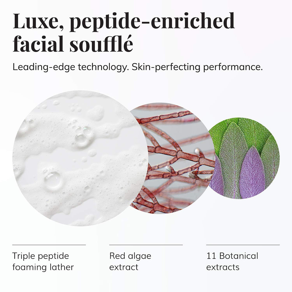 Le Mieux Peptide Foam Cleanser texture closeup shows creamy foam and gentle wash.