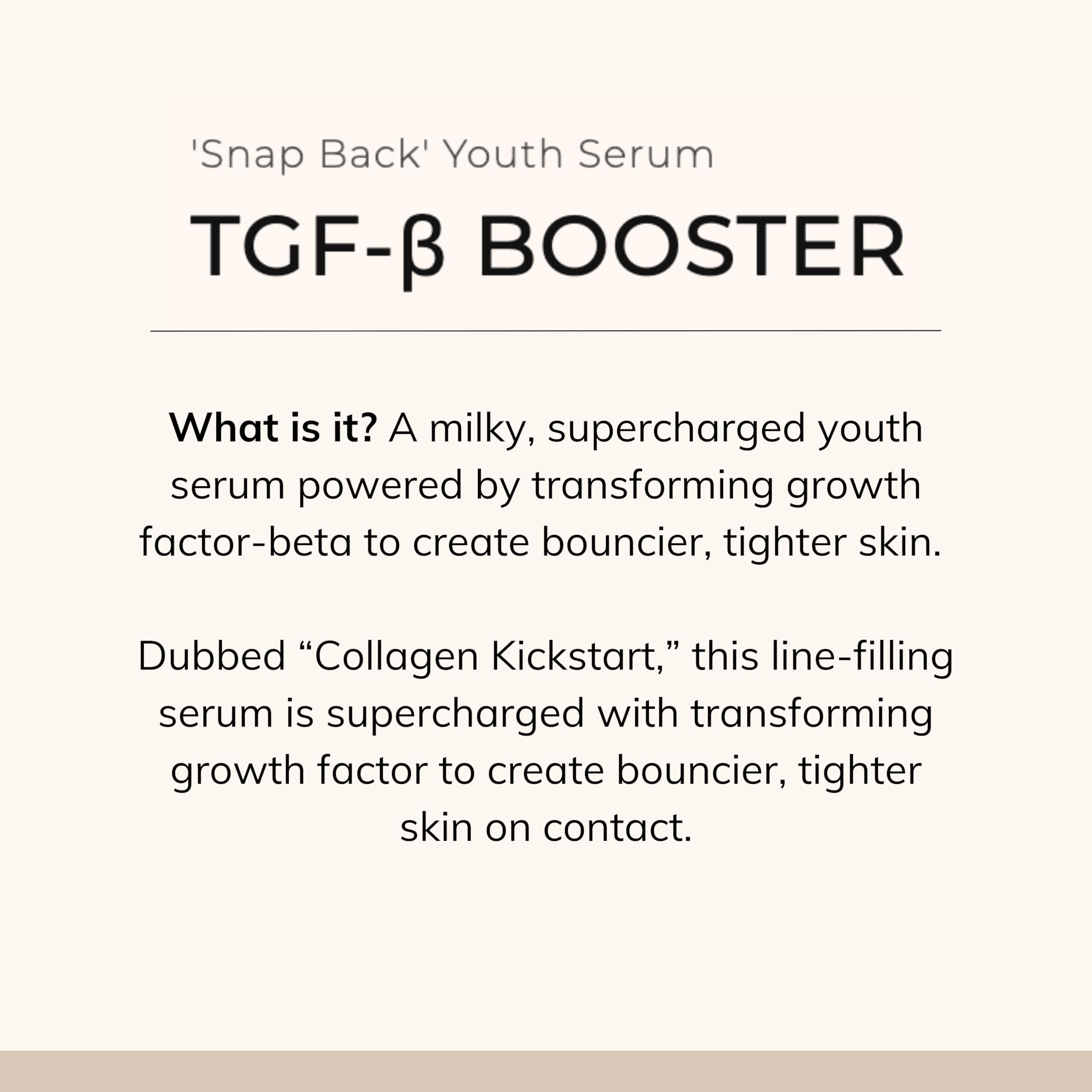 Le Mieux TGF-B Booster ingredients label with antioxidants and algae imagery.