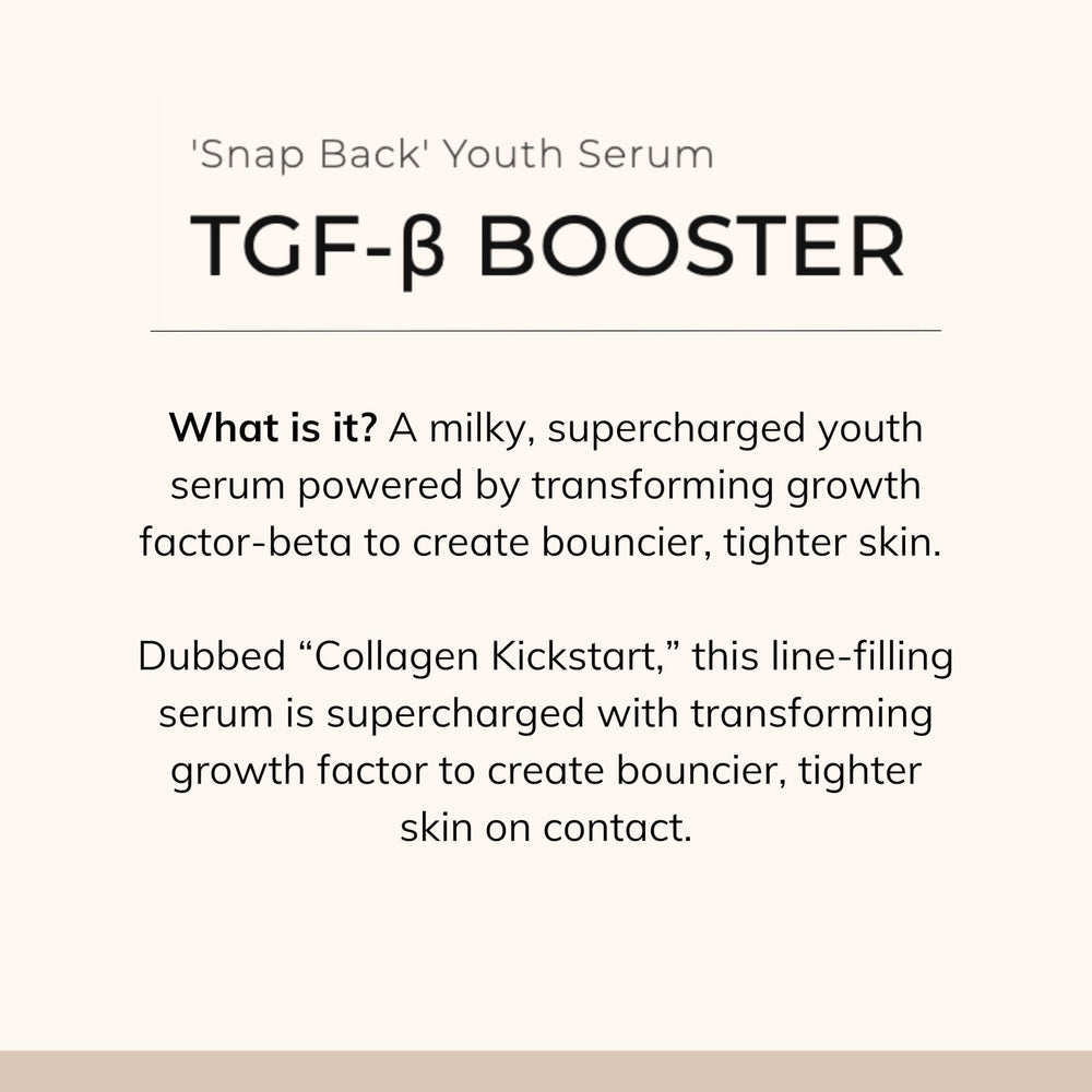 Le Mieux TGF-B Booster ingredients label with antioxidants and algae imagery.