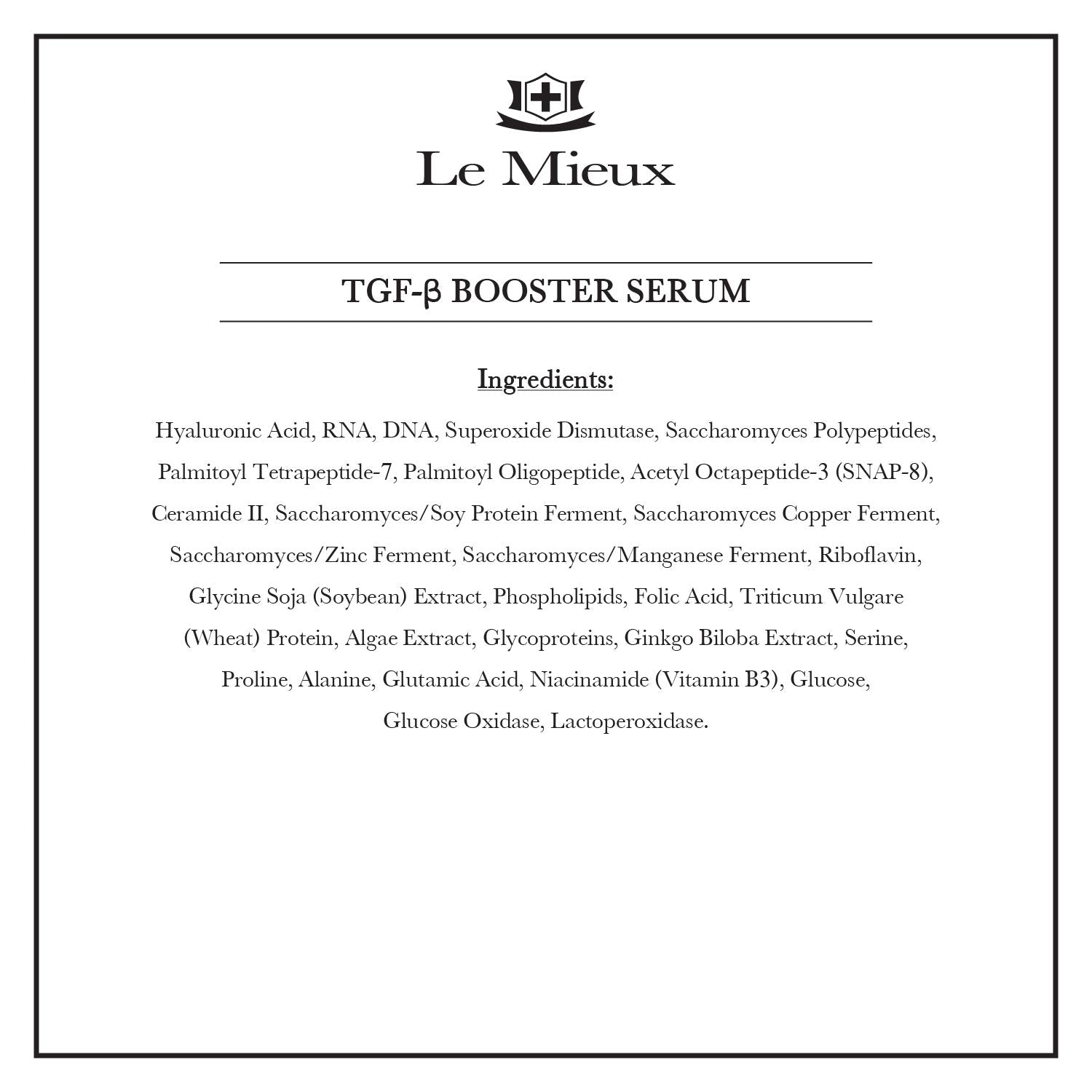 Le Mieux TGF-B Booster ingredients label with antioxidants and algae imagery.