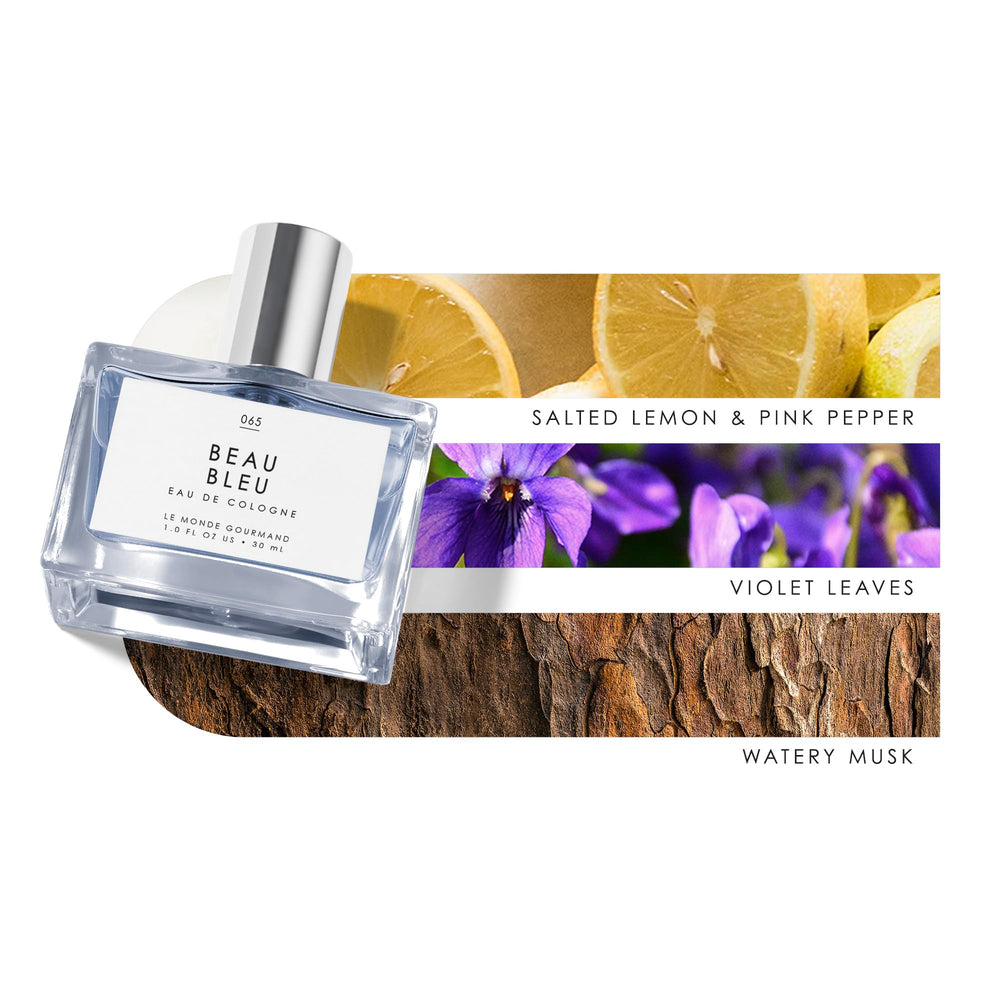 Beau Bleu highlights salted lemon and violet leaves for a bright profile