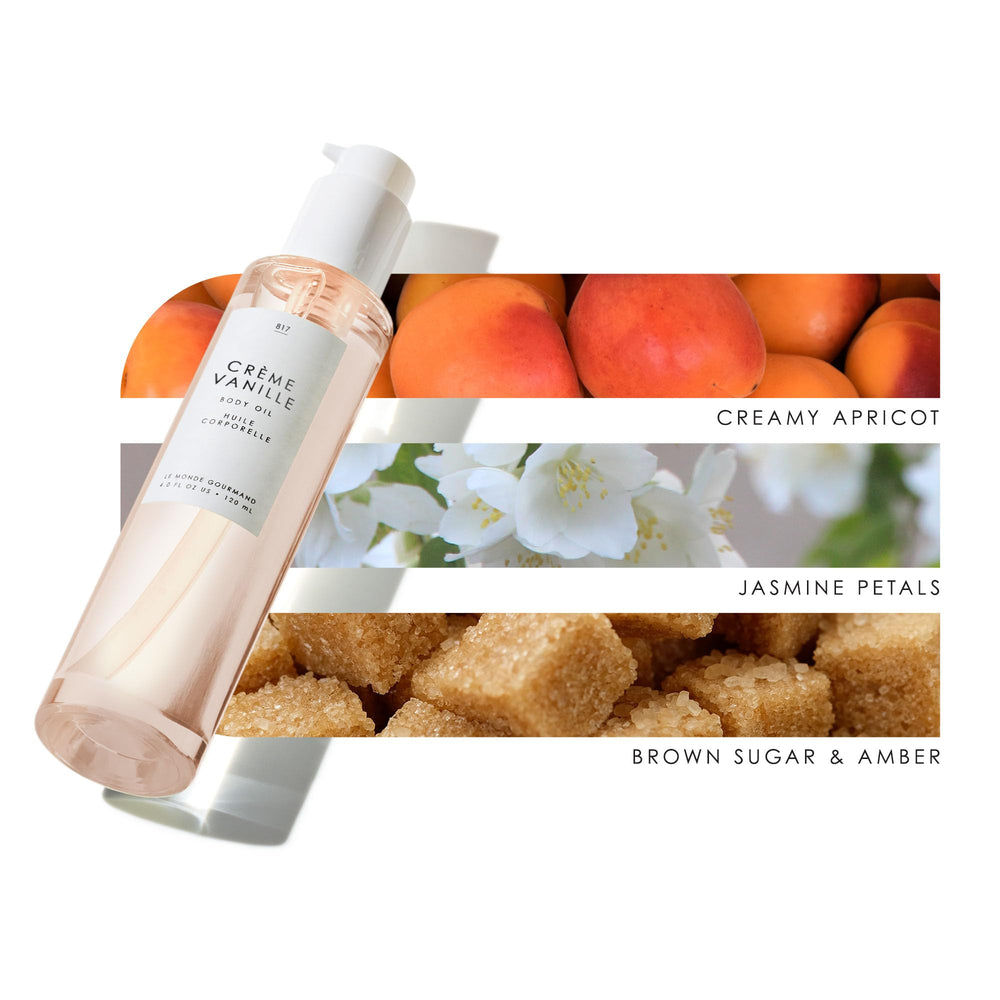 Le Monde Gourmand Crème Vanille Body Oil pump-dispense highlights quick absorption