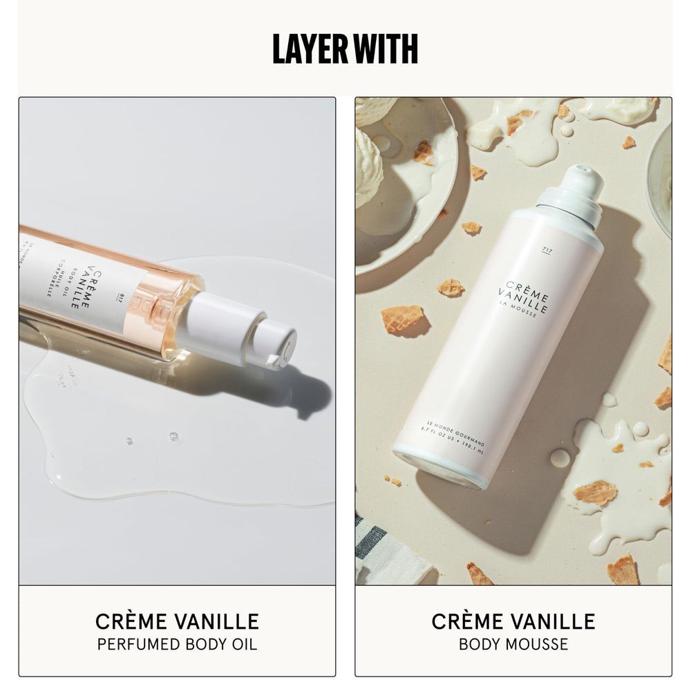 Le Monde Gourmand Creme Vanille application shot shows pulse-point use.