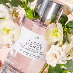 Le Monde Gourmand Fleur Monoi hair application shows airy scent through hair for subtle aroma.