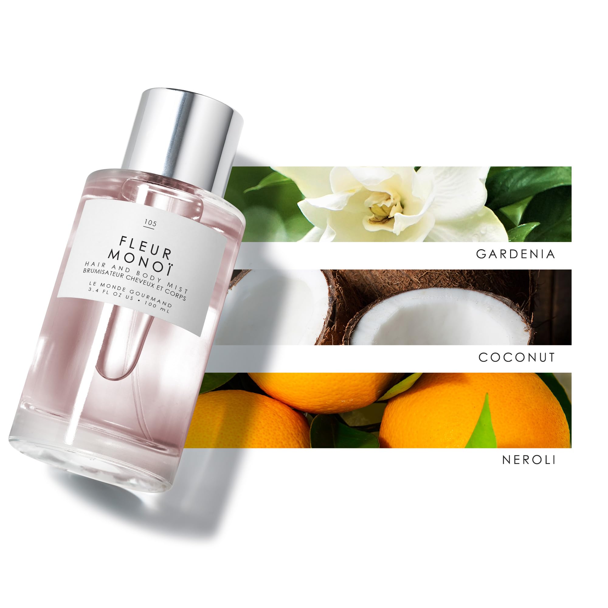 Le Monde Gourmand Fleur Monoi mist spray for all-over light fragrance on skin and fabrics.