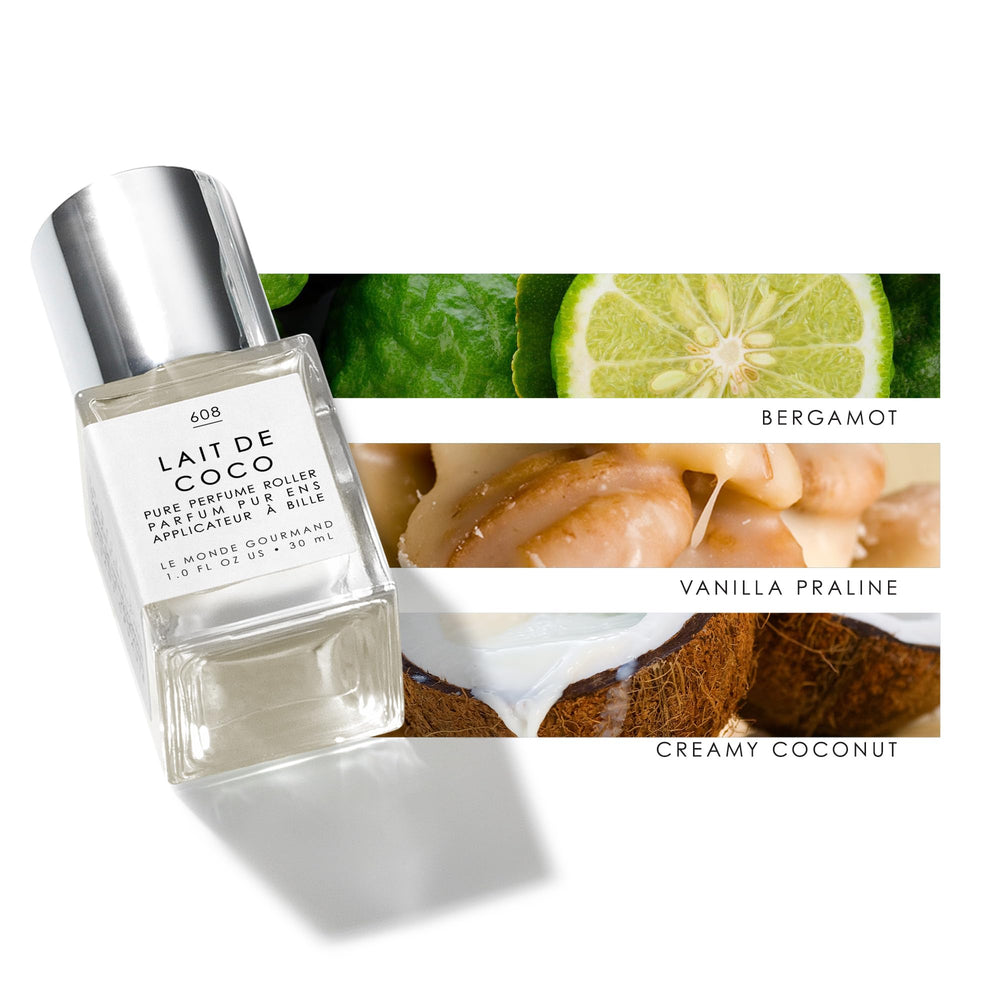 Lait de Coco perfume oil close-up reveals creamy vanilla note for a comforting scent.
