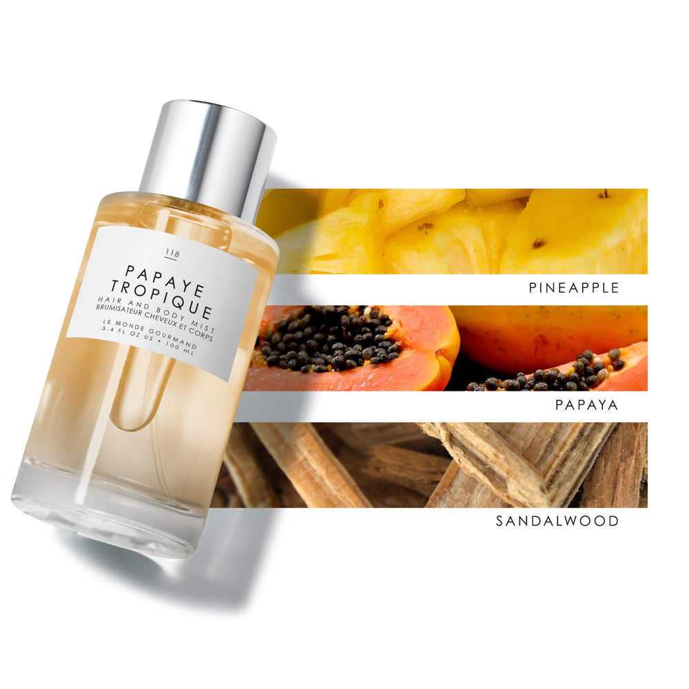 Le Monde Gourmand Papaye Tropique hair application closeup for light, scent-rich styling