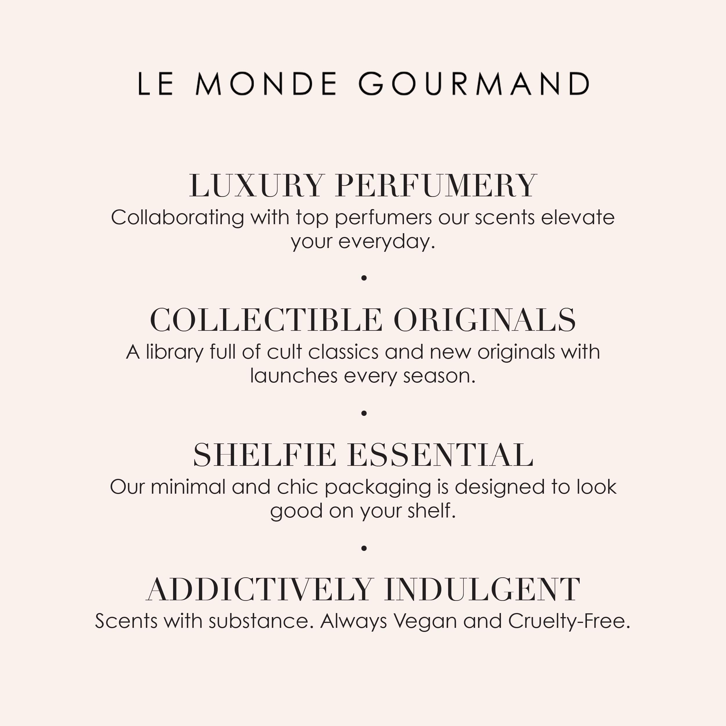 Le Monde Gourmand Pêche Délicieuse bottle on table conveys afternoon indulgence you can wear daily