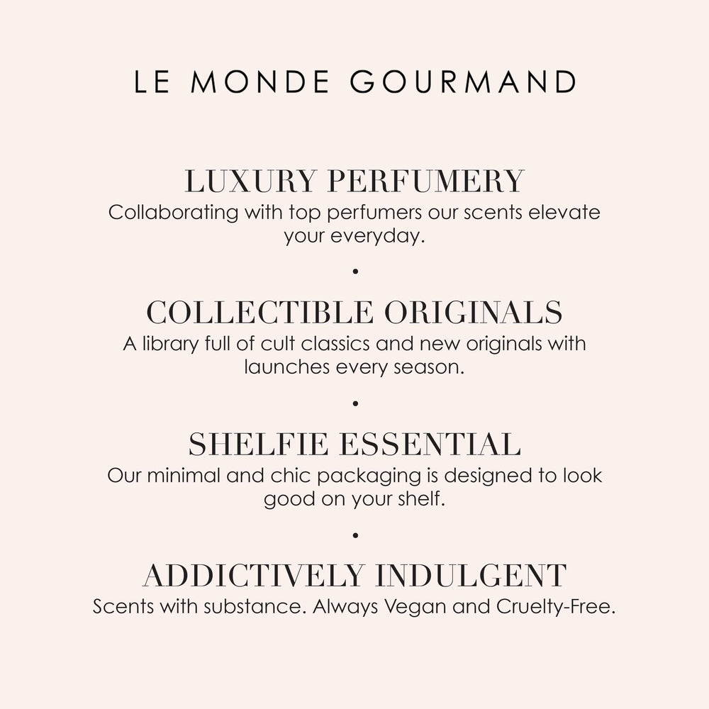Le Monde Gourmand Pêche Délicieuse bottle on table conveys afternoon indulgence you can wear daily