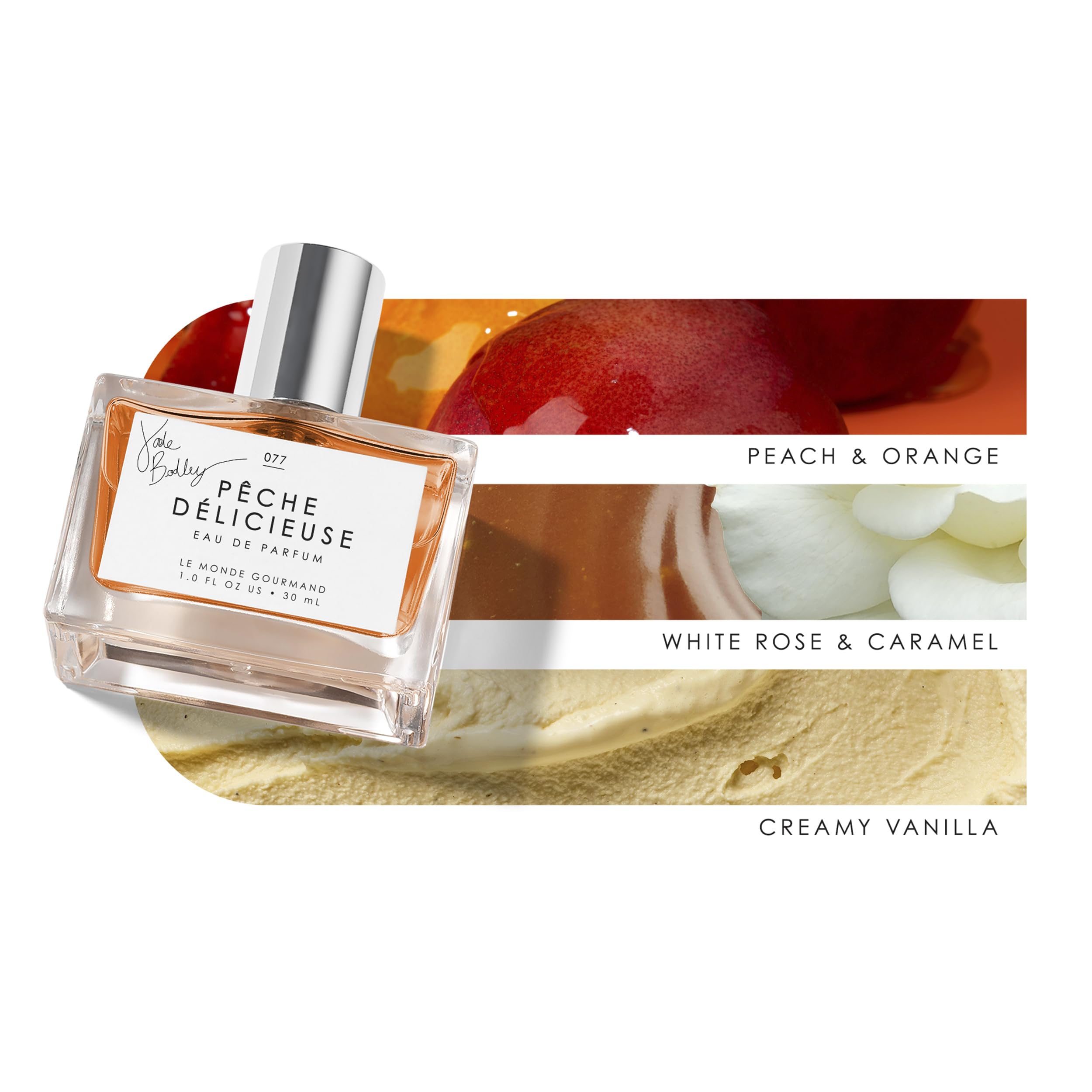 Le Monde Gourmand Pêche Délicieuse bottle side view hints at vanilla warmth and caramel sweetness