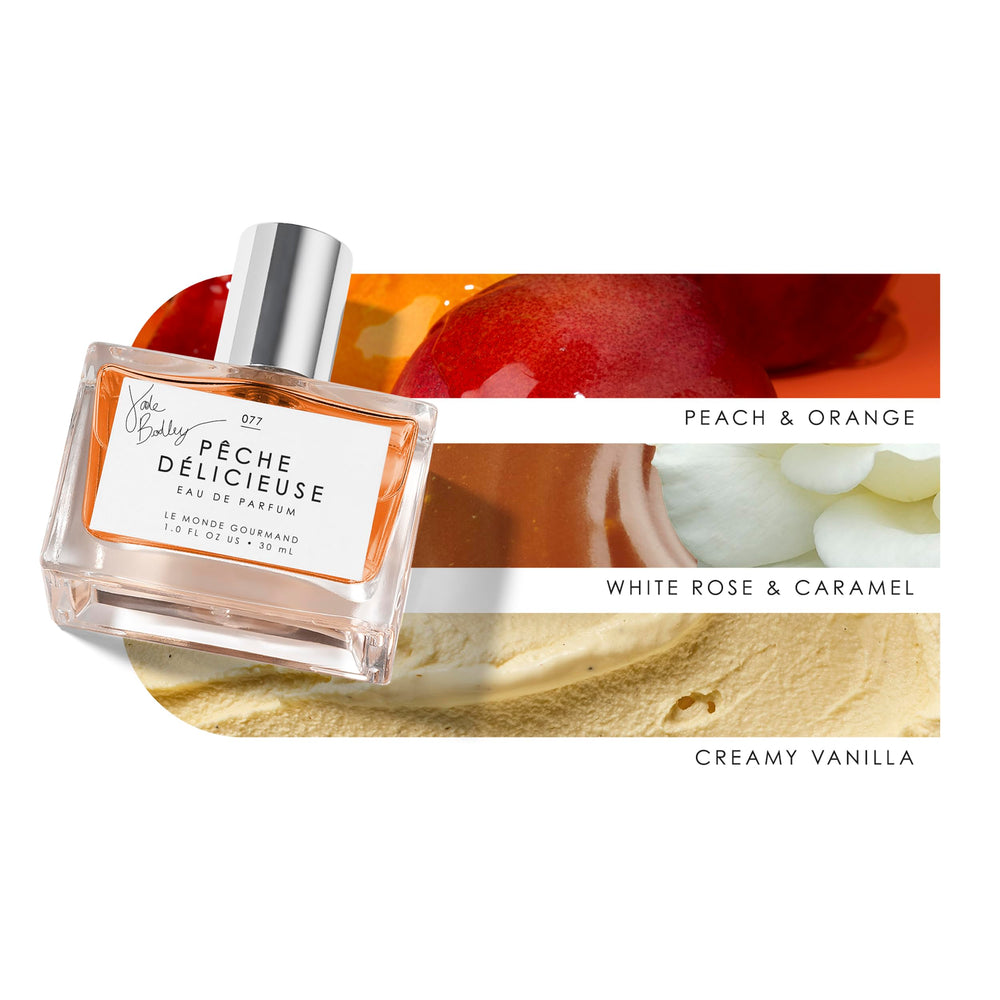 Le Monde Gourmand Pêche Délicieuse bottle side view hints at vanilla warmth and caramel sweetness