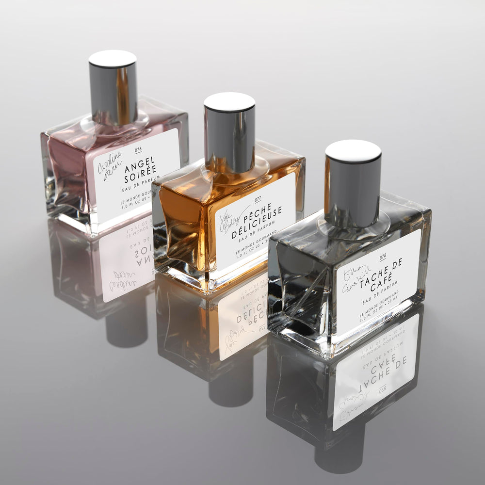 Le Monde Gourmand Pêche Délicieuse on-skin application captures peach sweetness with warm vanilla aura