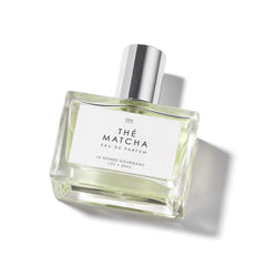 Le Monde Gourmand Thé Matcha bottle on vanity for a calming morning ritual.