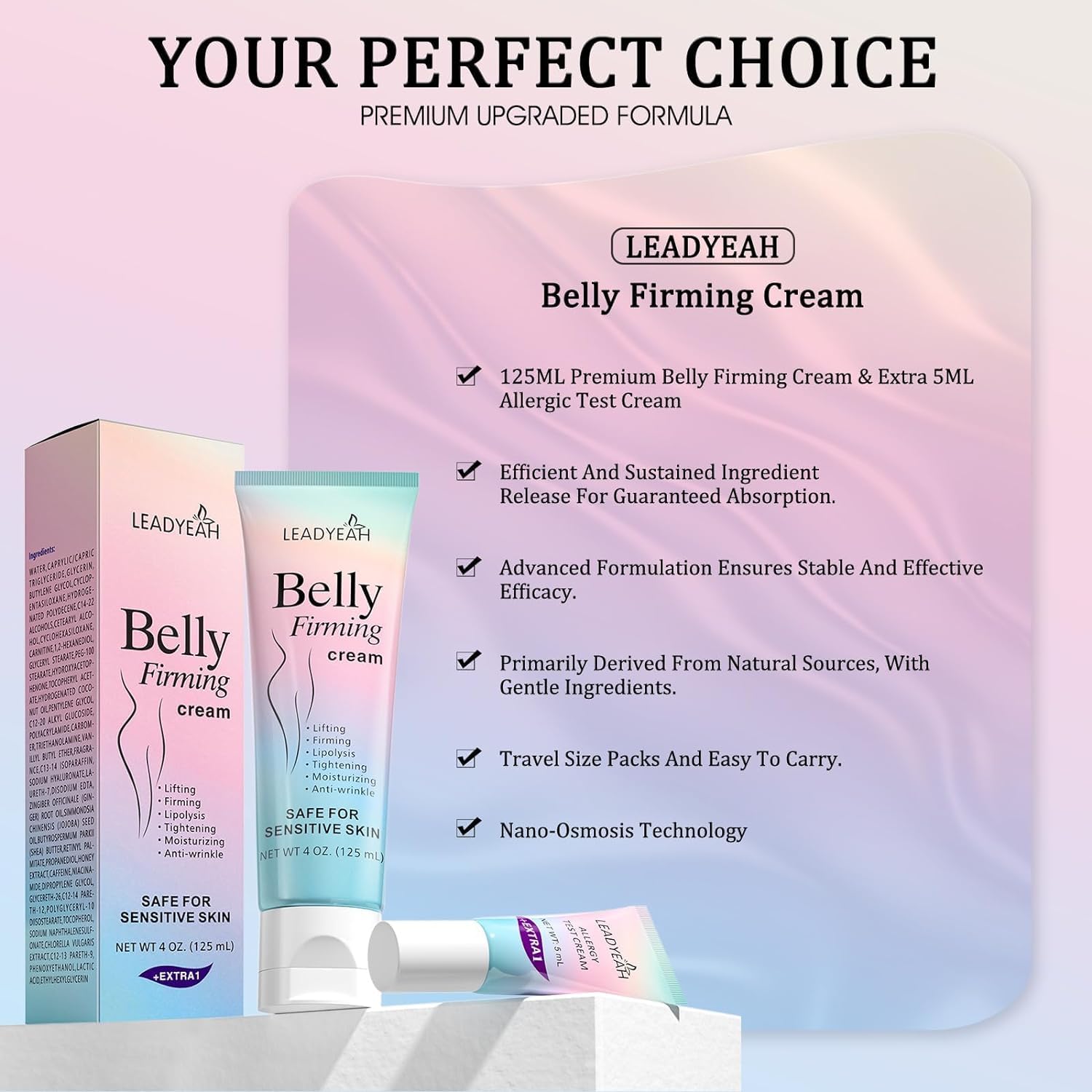 Leadyeah B Flat Belly Firming Cream application on abdomen showing targeted toning potential.
