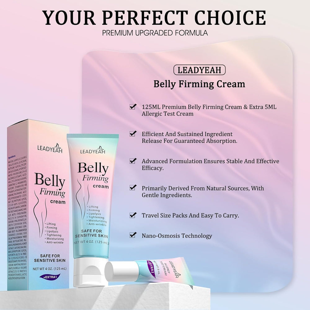 Leadyeah B Flat Belly Firming Cream application on abdomen showing targeted toning potential.
