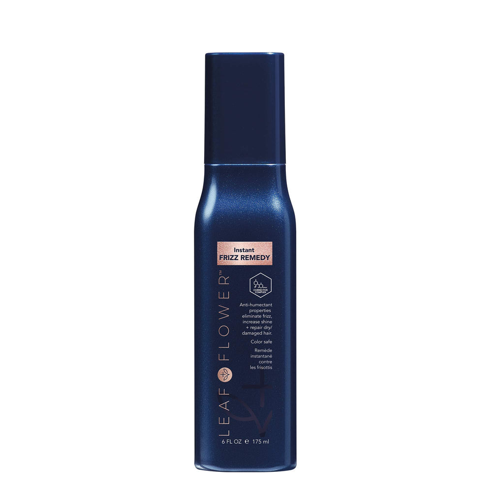 Leaf & Flower Instant Frizz Remedy bottle shows heat-activated frizz control for smooth hair.