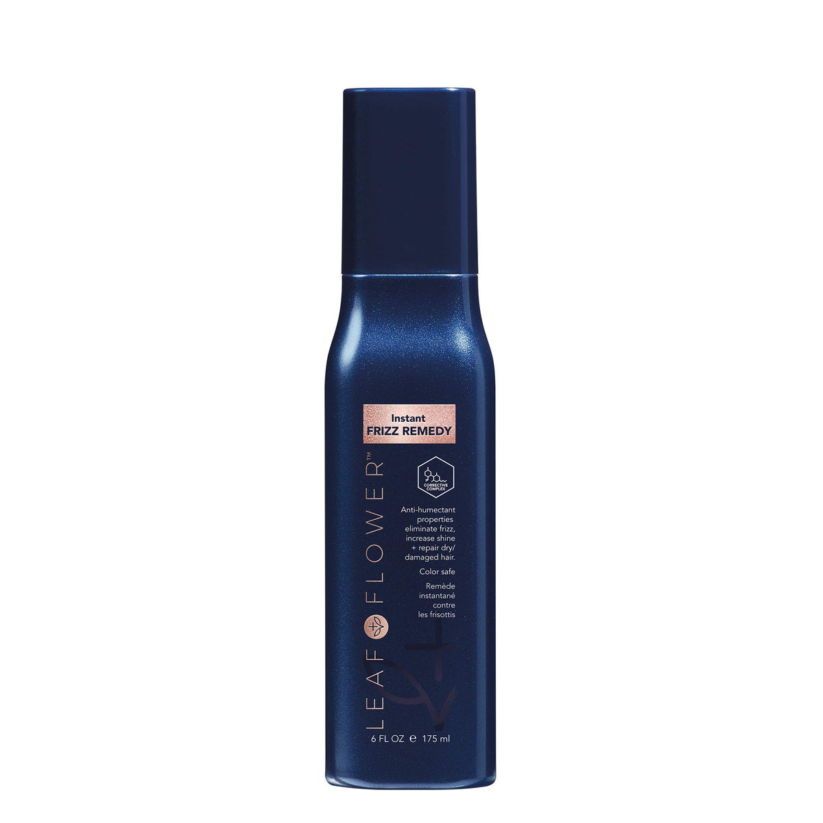 Leaf & Flower Instant Frizz Remedy bottle shows heat-activated frizz control for smooth hair.