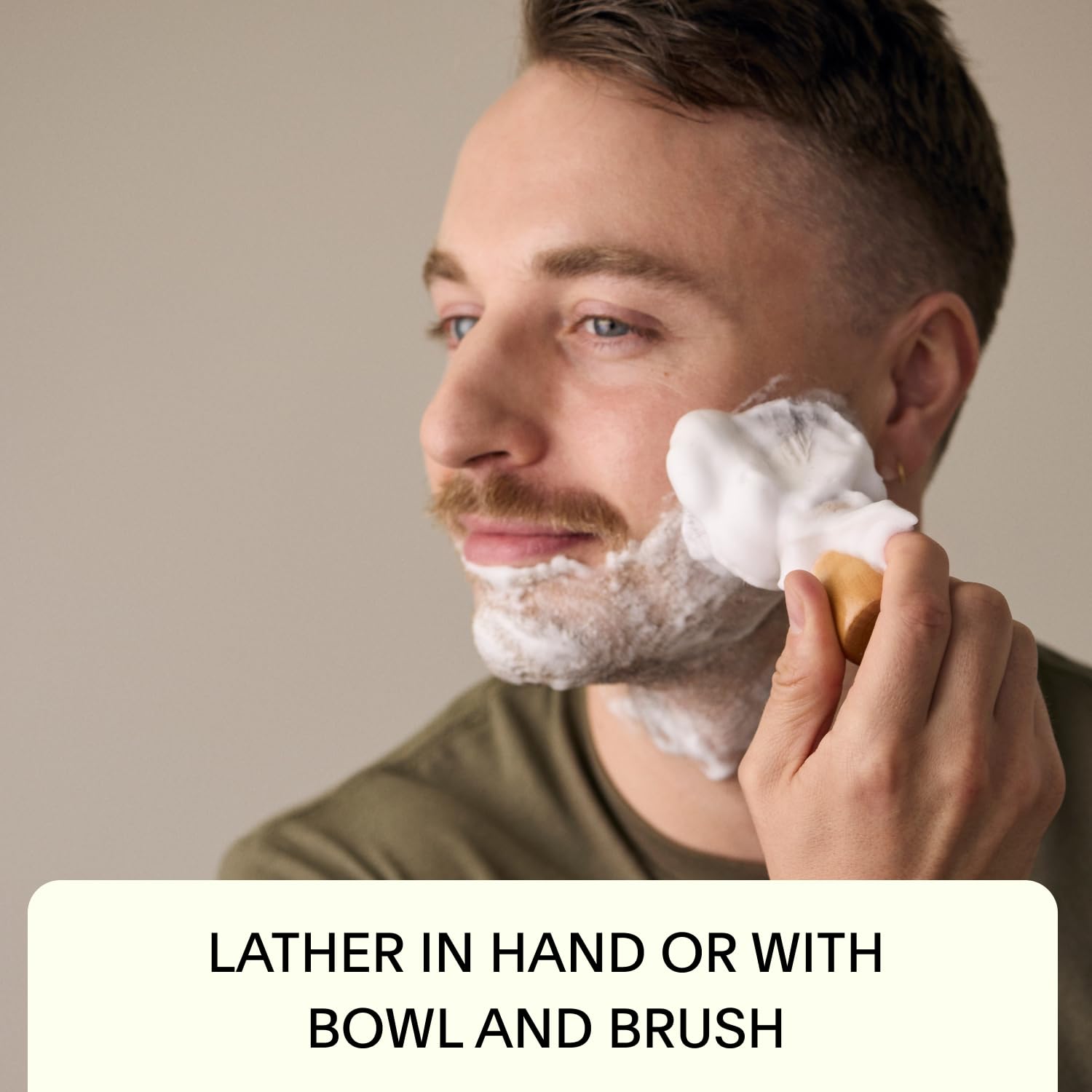 Leaf Shave bar in shaving bowl demonstrates easy lathering with brush.