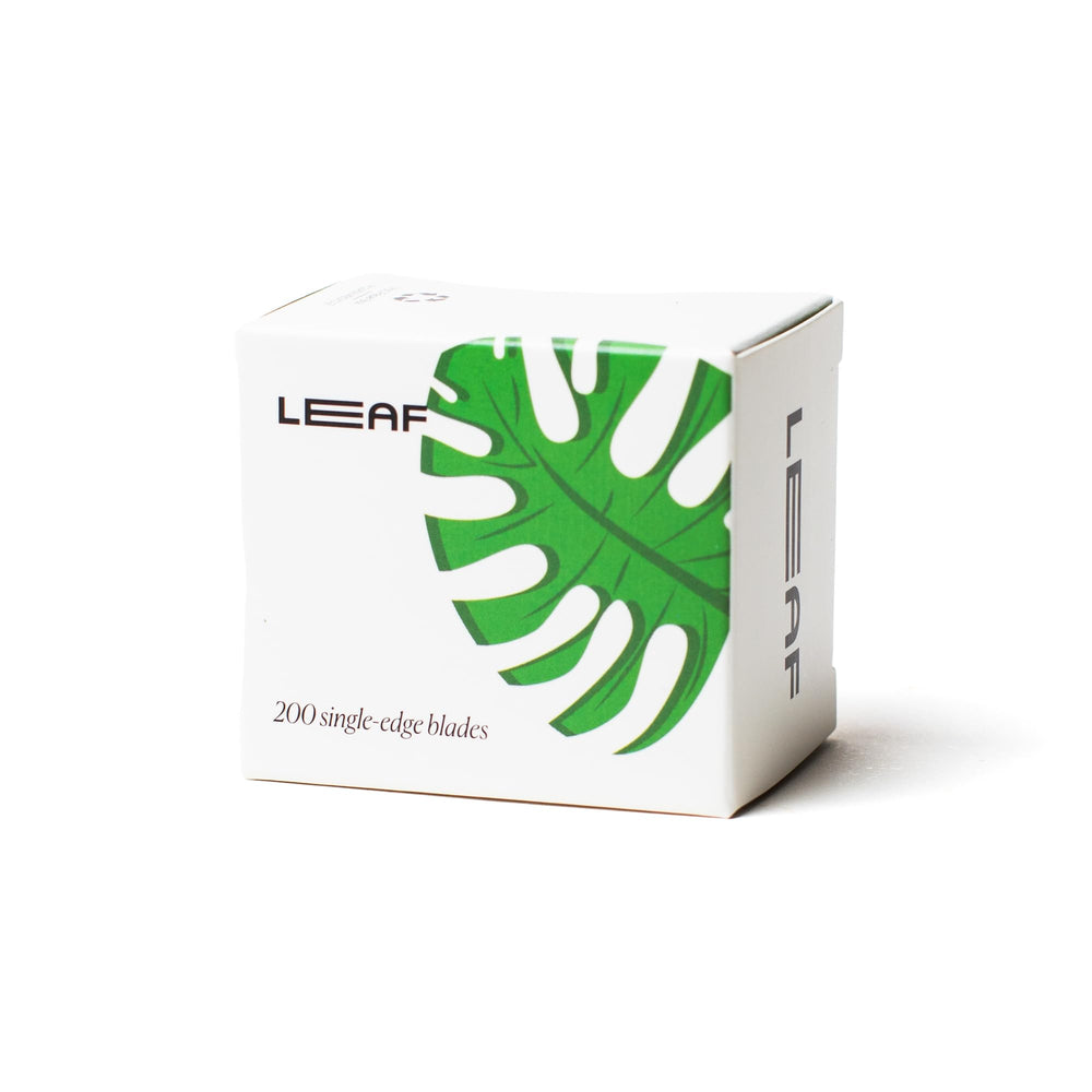 Leaf Shave blades in platinum-coated stainless steel pack for consistent, smooth shaves.