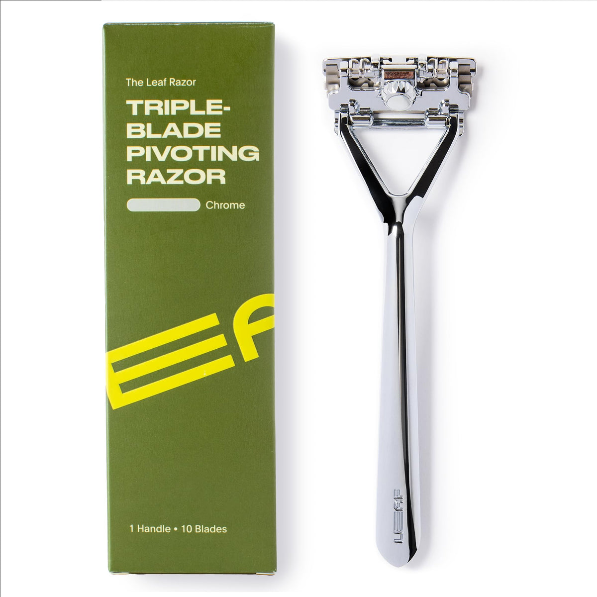 Leaf Shave chrome all-metal razor front view highlights durable safety design for long-lasting use
