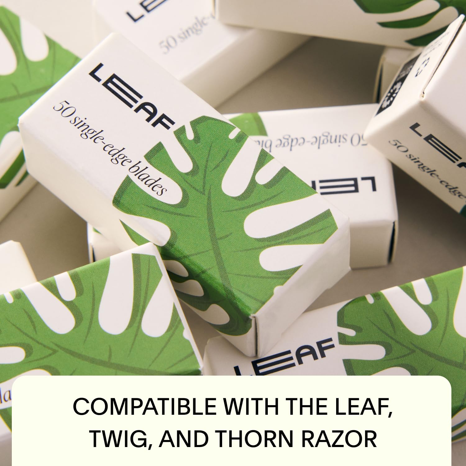 Leaf Shave platinum-coated stainless steel blade emphasizes durability for long shaves.